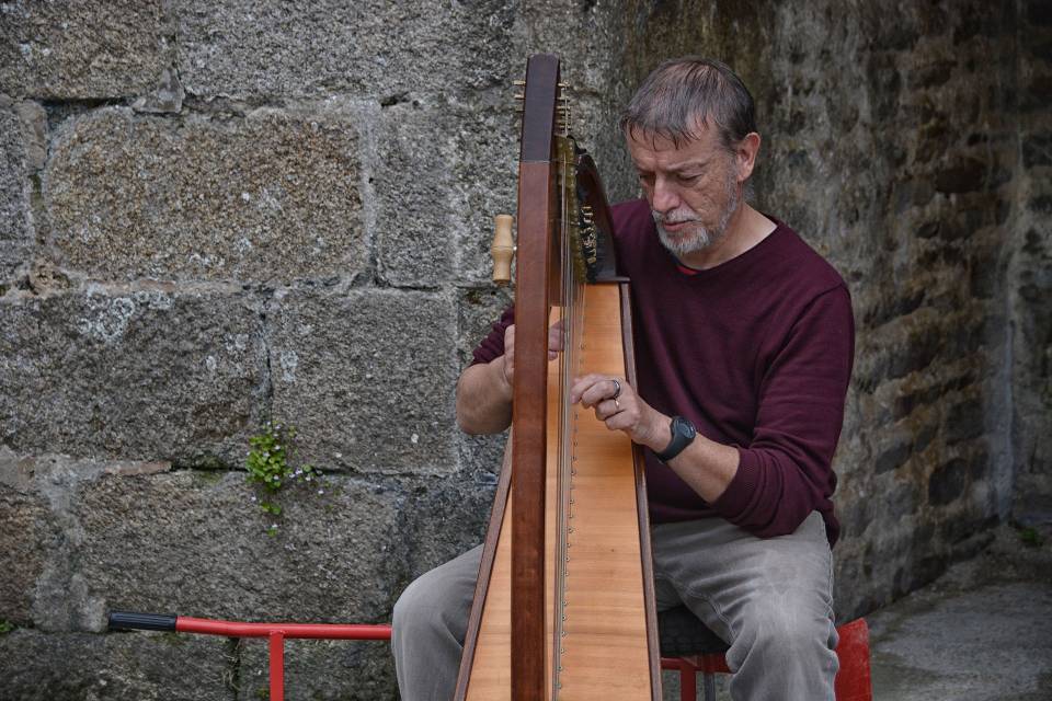 harpist is tuning a harp
